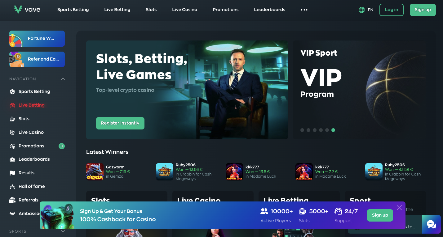 Vave Casino Review Homepage